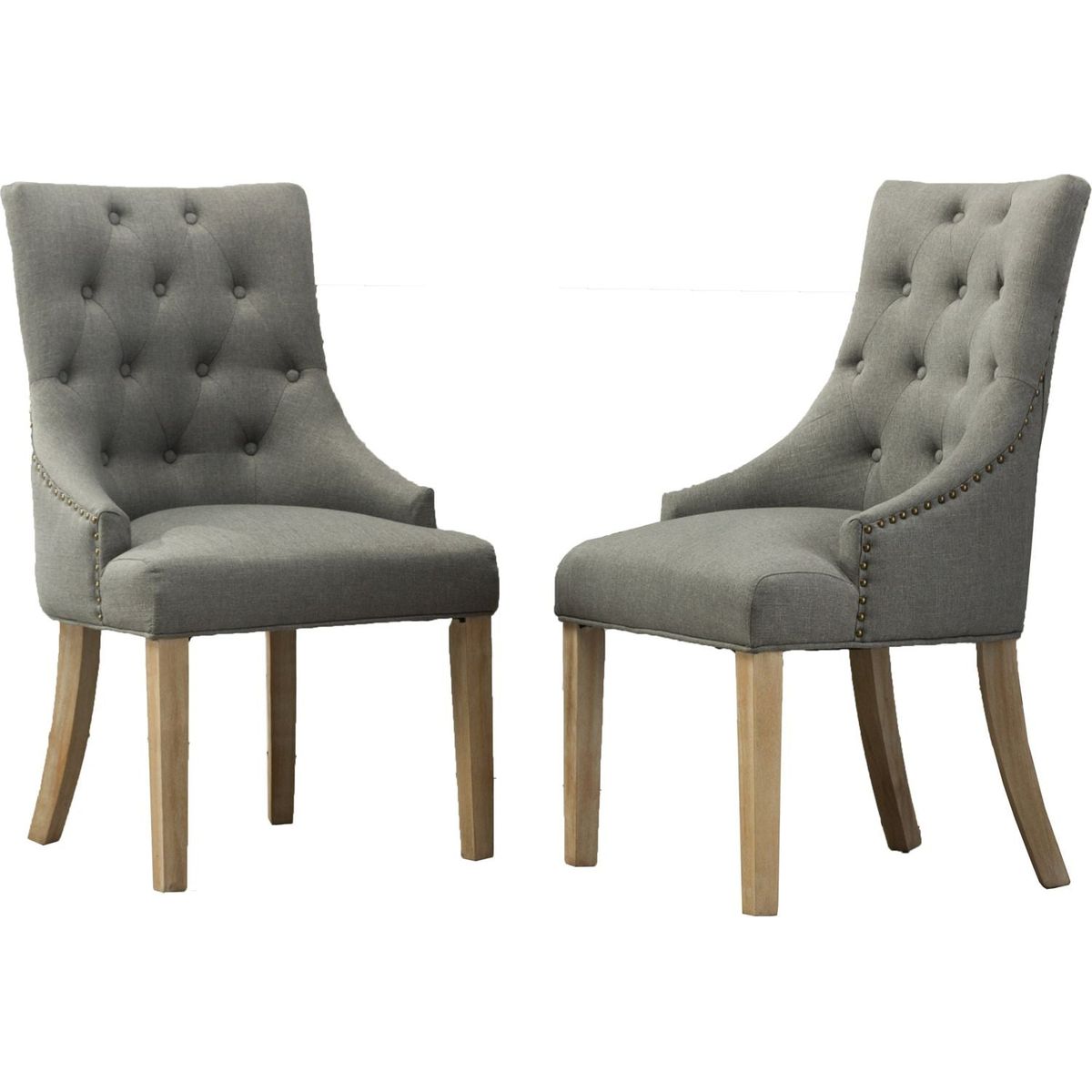 Grey Button Tufted Solid Wood Wingback Hostess Chairs with Nail Heads Set of 2