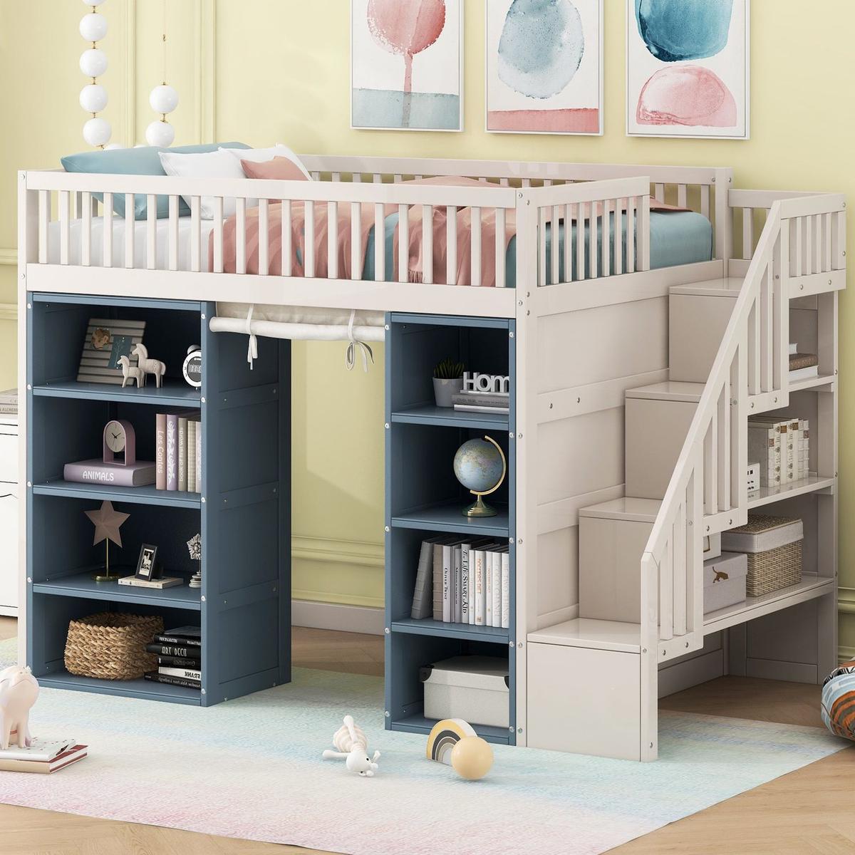 Full Size Loft Bed with 2 Four-layer Storage Cabinets and Curtain,White+Blue