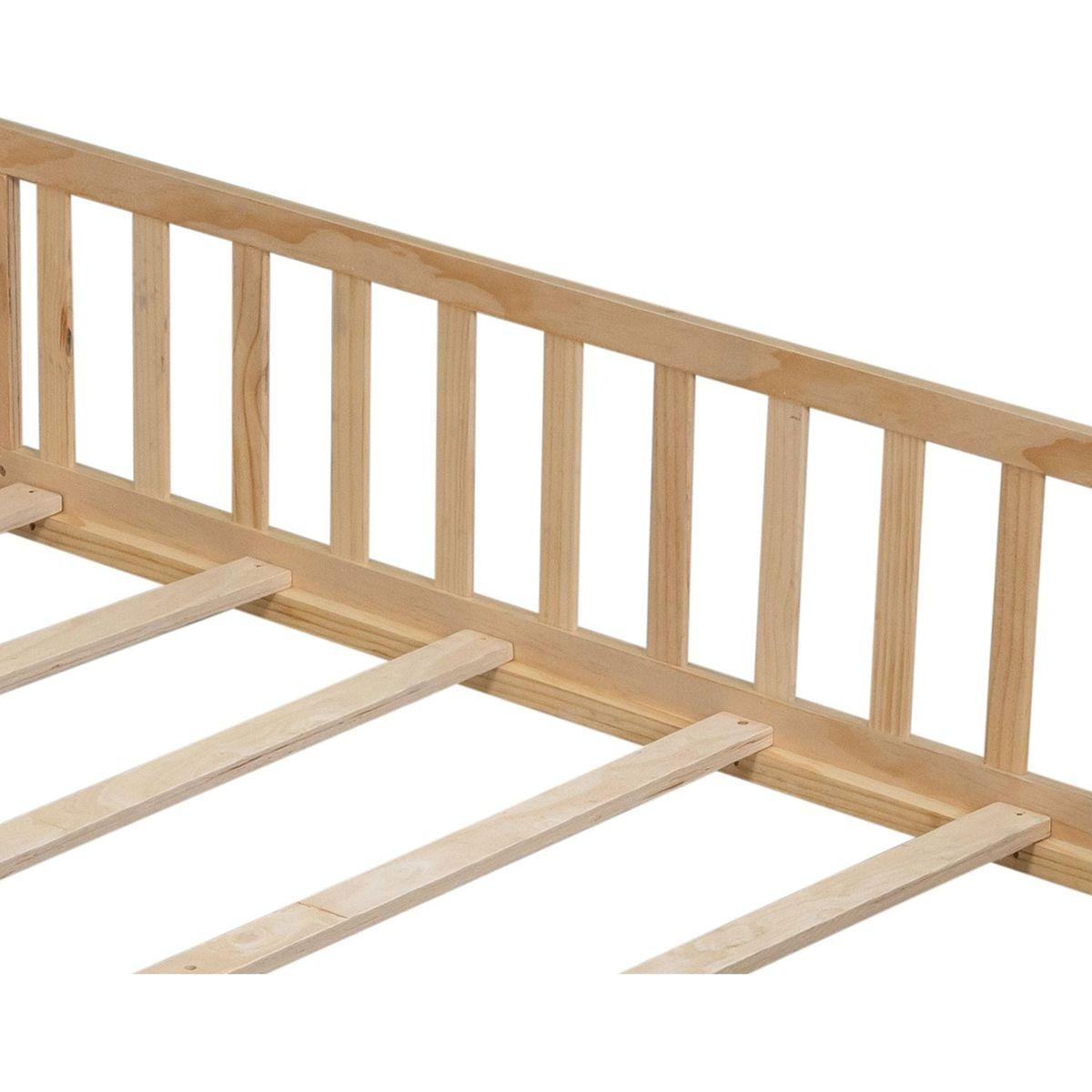 Full Size Floor Platform Bed with Fence and Door for Kids, Montessori Floor Bed Frame with Support Slats for Toddlers, Wooden Floor Bed Natural