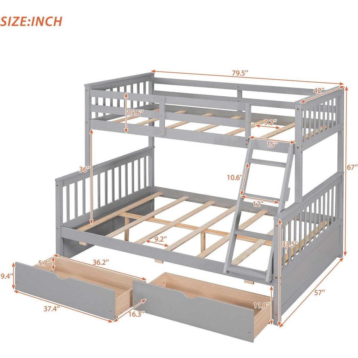 Twin-Over-Full Bunk Bed with Ladders and Two Storage Drawers(Gray){o