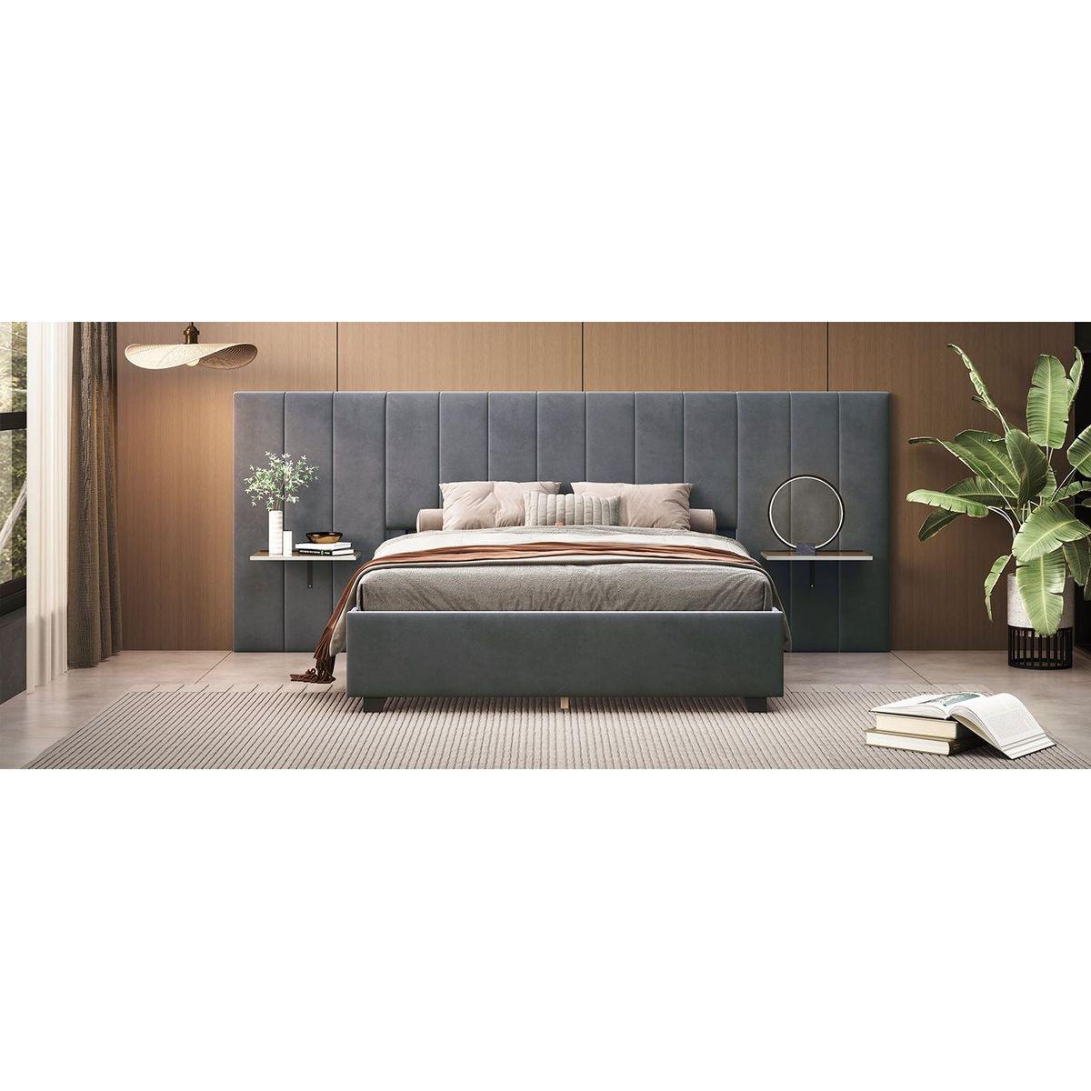 Queen Size Upholstered Platform Bed with Big Headboard, Bedroom Furniture, Velvet, Gray