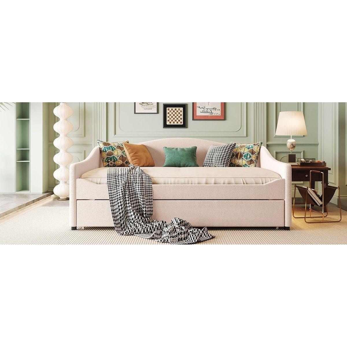 Teddy Fleece Full Size Upholstered Daybed with Light and Trundle, Beige