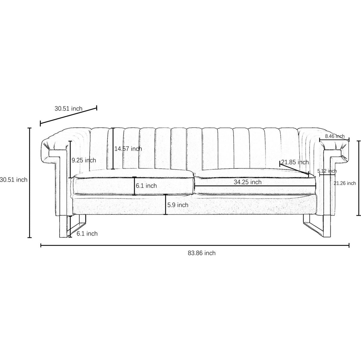 SOFA Modern Cream Velvet Sofa with Gold Accents - Sleek Channel-Tufted Upholstery, 3-Seat Couch for Living Room and Office Decor