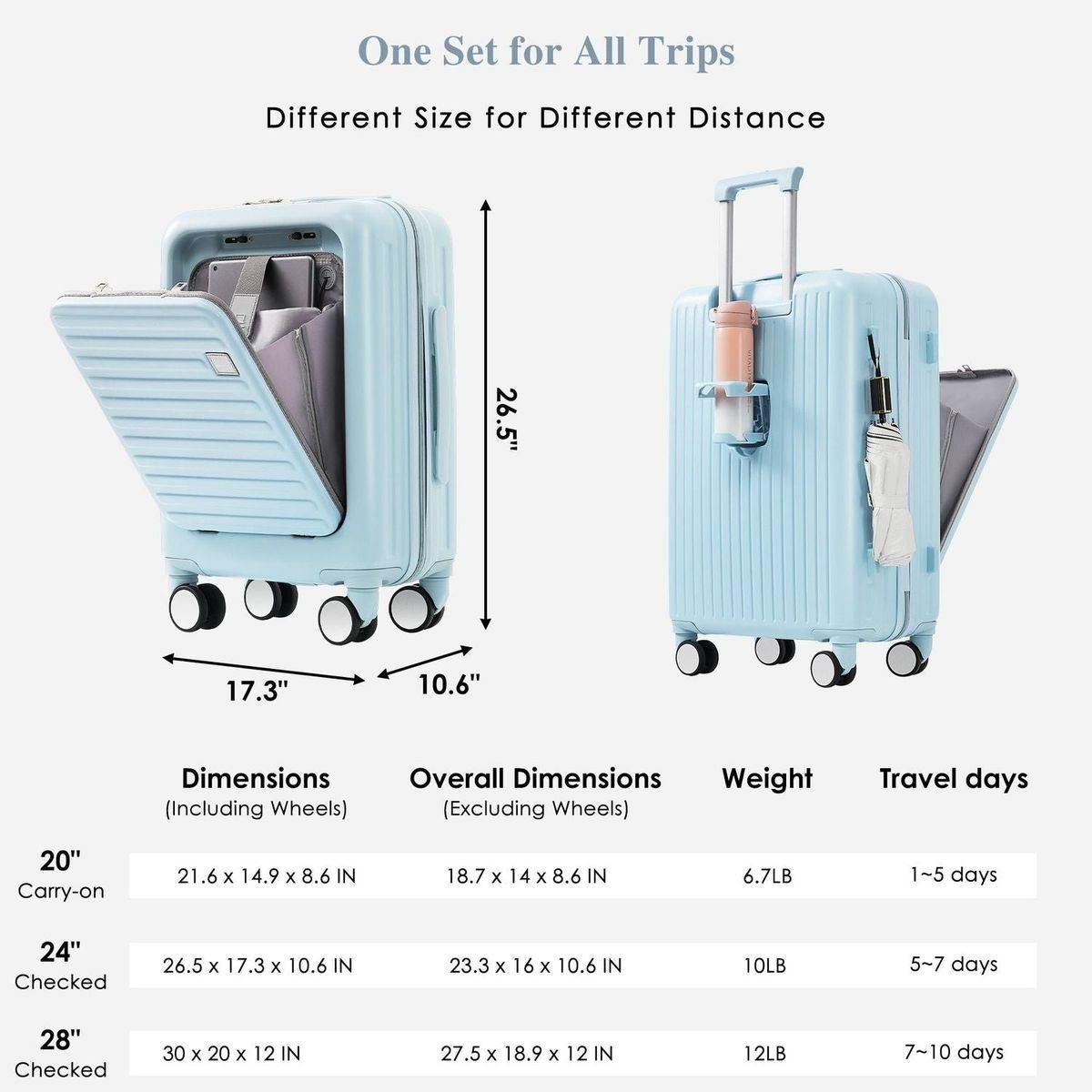 Luggage Set of 3, 20, 24, 28inch with USB Port, 20, 24inch with front opening design Airline Certified Carry on Luggage with Cup Holder, ABS Hard Shell Luggage with Spinner Wheels, light blue