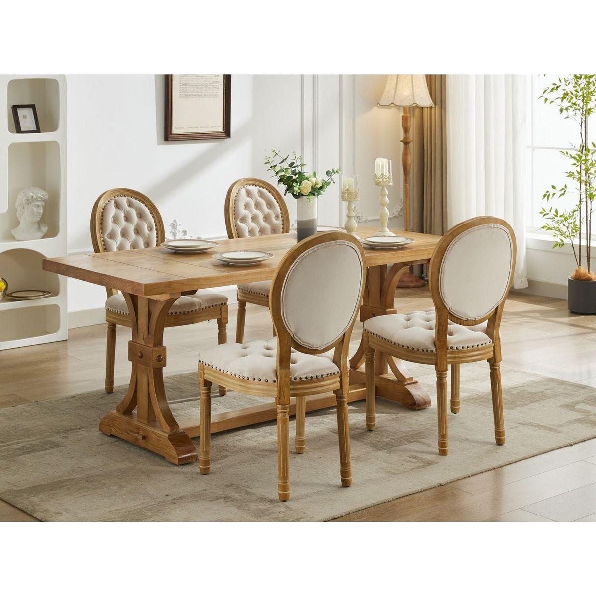 French Style Solid Wood Frame Antique Painting,Hand-pulled buckle decoration Velvet artificial leather Dining Chair with Nailhead Trim, Wood Legs,Steel Spring inner,Set of 2,Beige