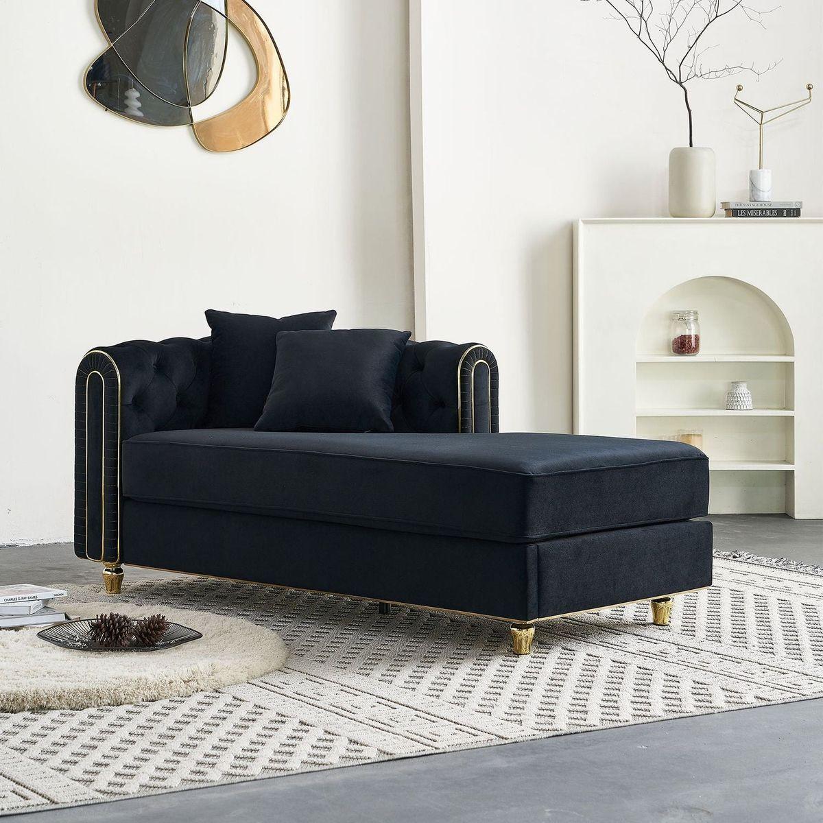 66.9"W Velvet Chaise Lounge,Luxury Modern Chaise Furniture,Tufted Back with 2pcs toss pillows for Living Room,Bedroom,Apartment,Black Color