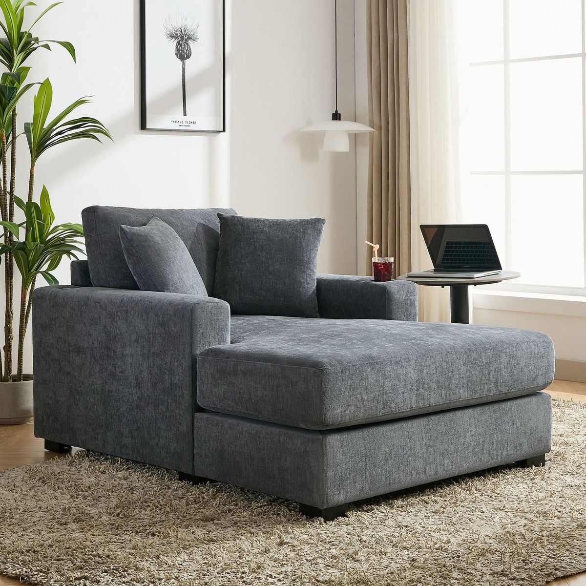 43.5" Oversized Chaise Lounger Modern Style Sofa Couch, with Pillows, Charge Station & Cup Holders, Chenille Fabric, Blue Gray