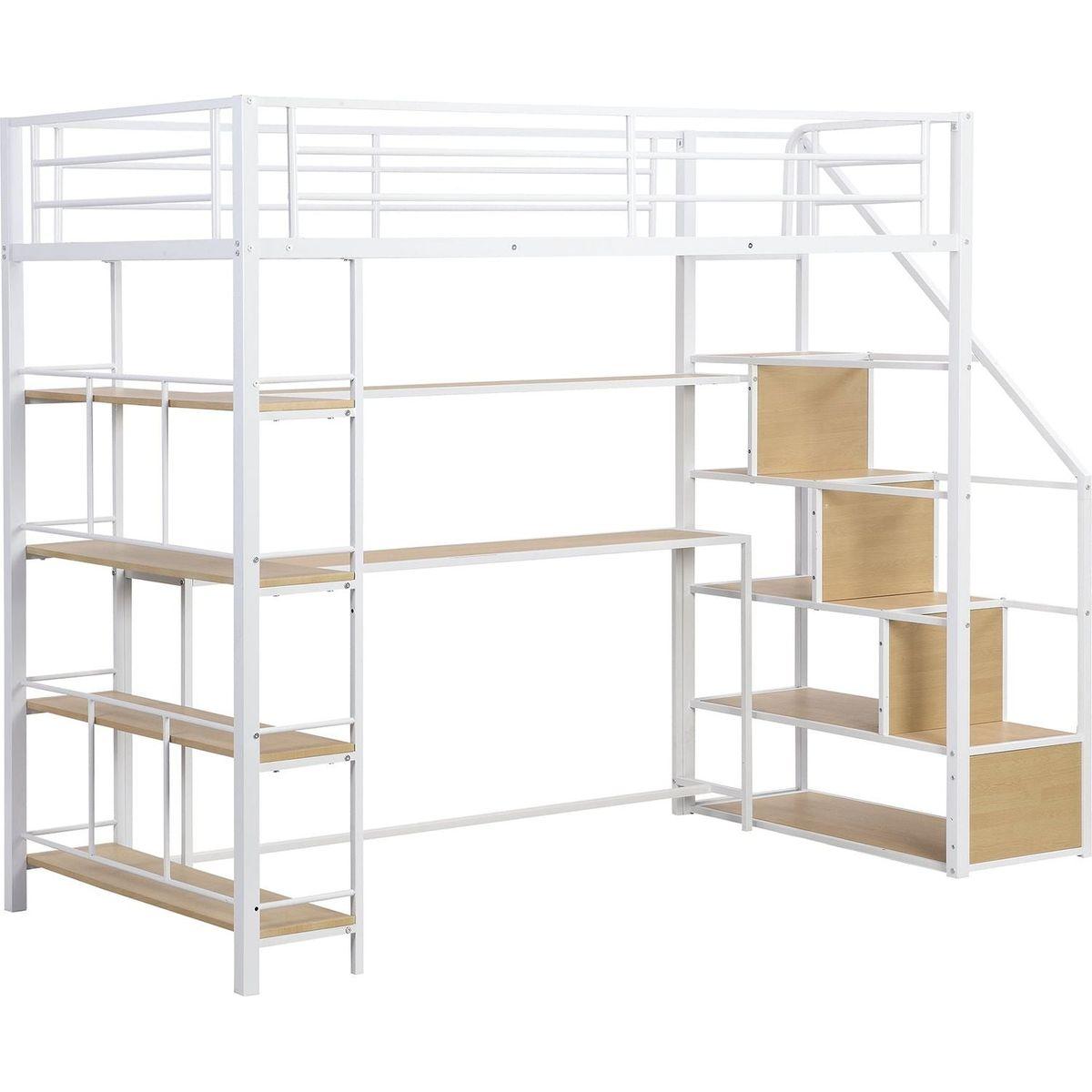 Twin Size Metal Loft bed with Staircase, Built-in Desk and Storage Shelves, White