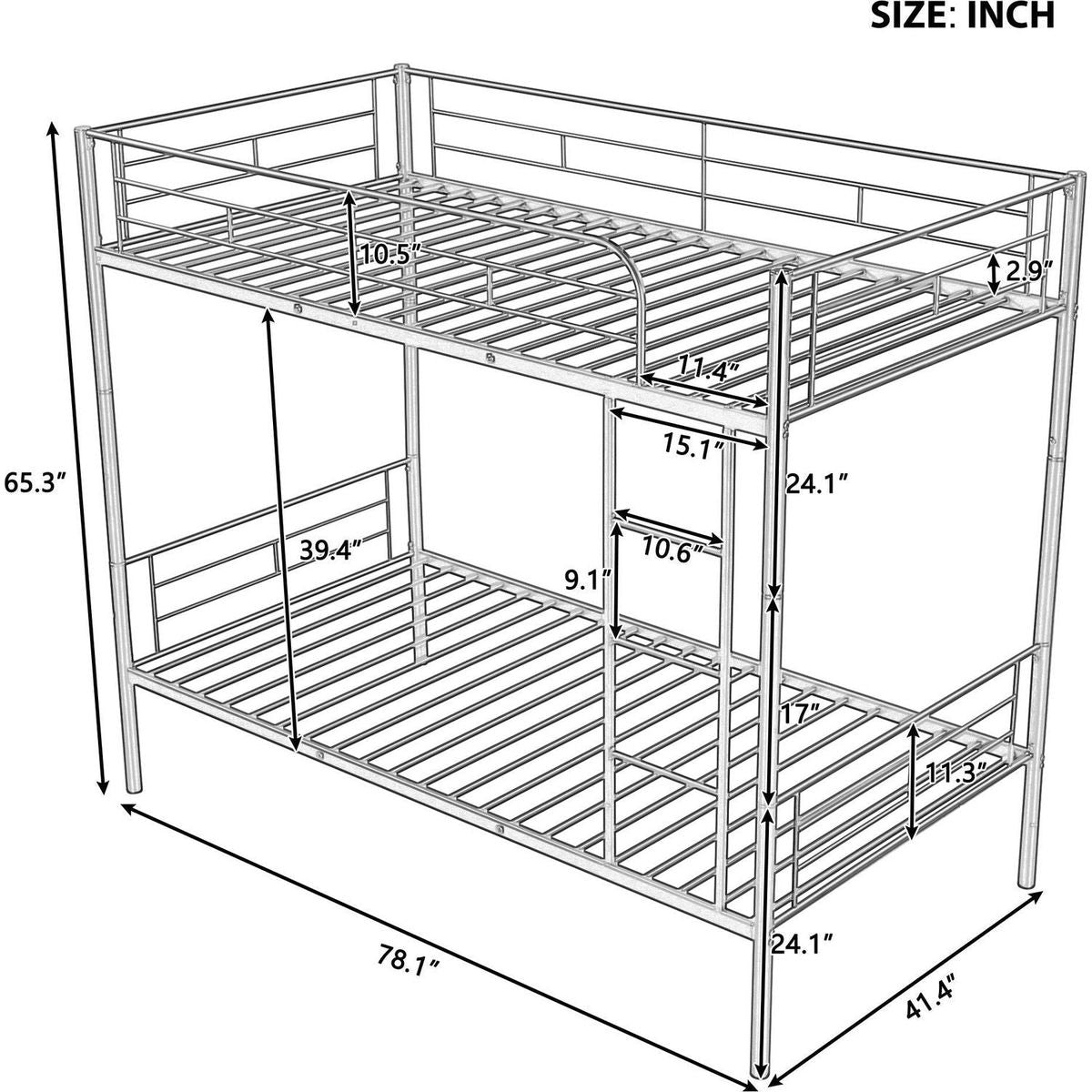 Twin Over Twin Metal Bunk Bed (Silver)