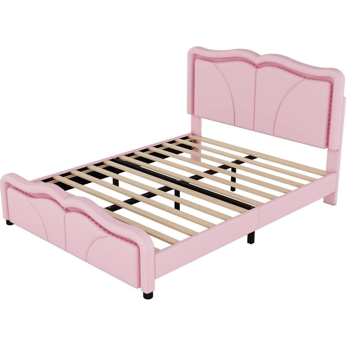 Full Size Upholstered Platform Bed with Curve Shaped and Height-adjustbale Headboard,LED Light Strips,Pink