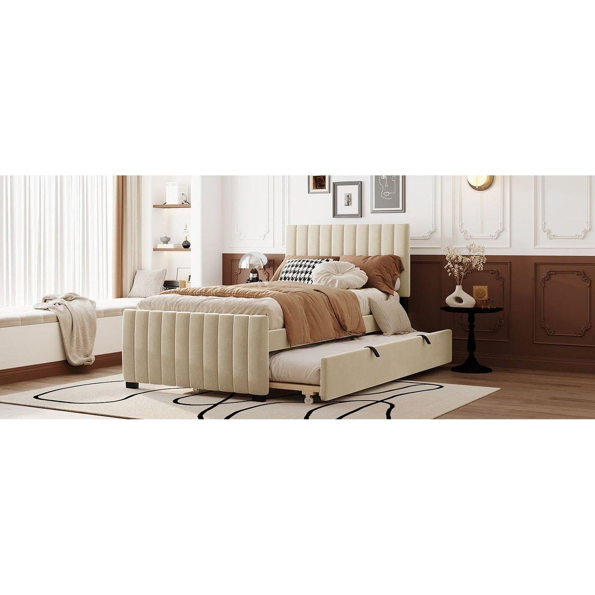 Twin Size Velvet Upholstered Platform Bed with Twin Size Trundle, Beige
