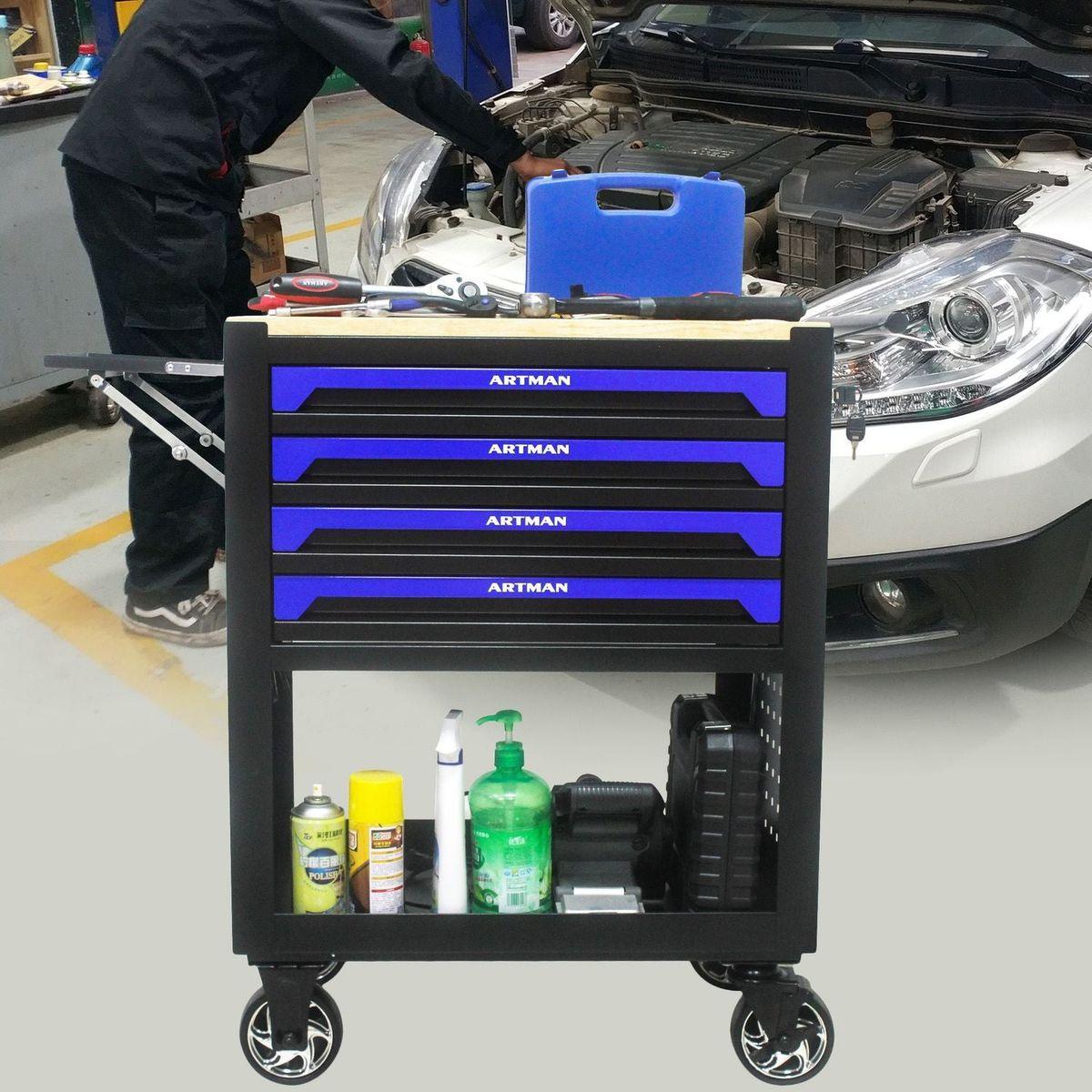 4 DRAWERS MULTIFUNCTIONAL TOOL CART WITH WHEELS AND WOODEN TOP-BLUE