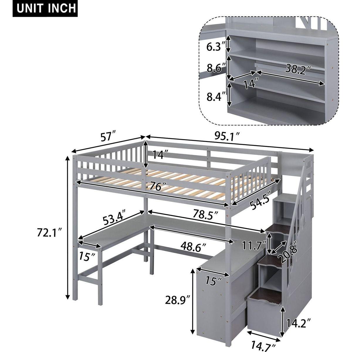 Full Size Loft Bed with Built-in L-Shaped Desk and Three-Tier Storage Shelves,and Attached Storage Staircase,Gray