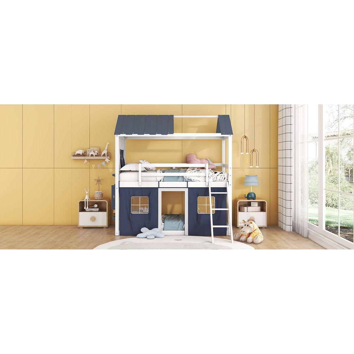 Twin Size Bunk Wood House Bed with Elegant Windows, Sills and Tent, Blue+White