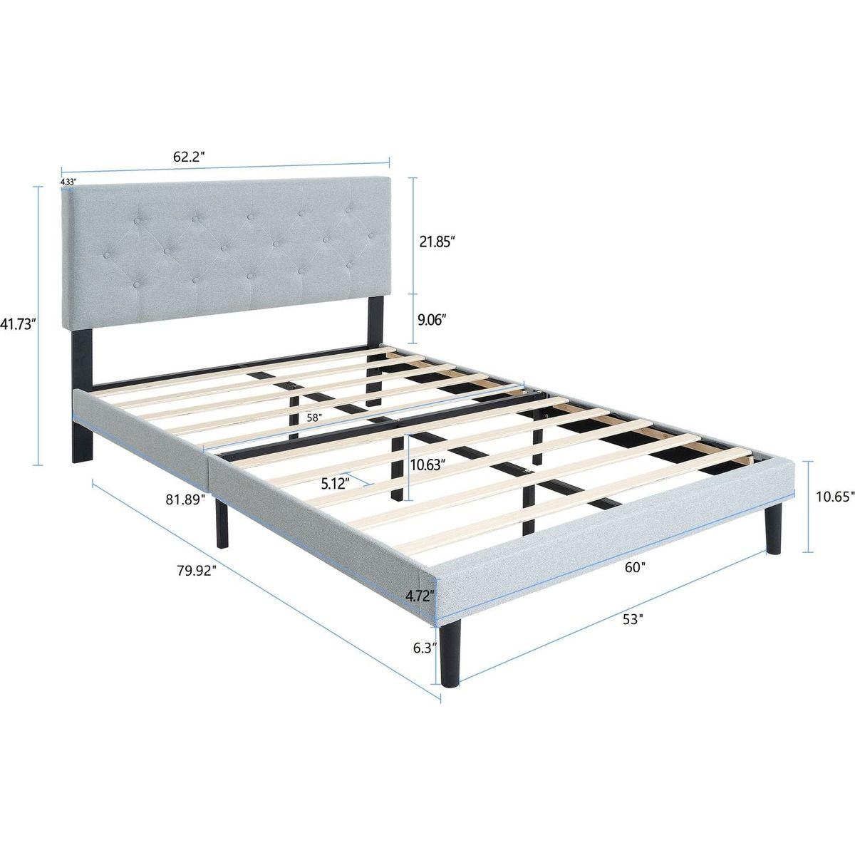 Queen Size Upholstered Platform Bed Frame with Modern Button Tufted Linen Fabric Headboard, No Box Spring Needed, Wood Slat Support, Easy Assembly, Grey