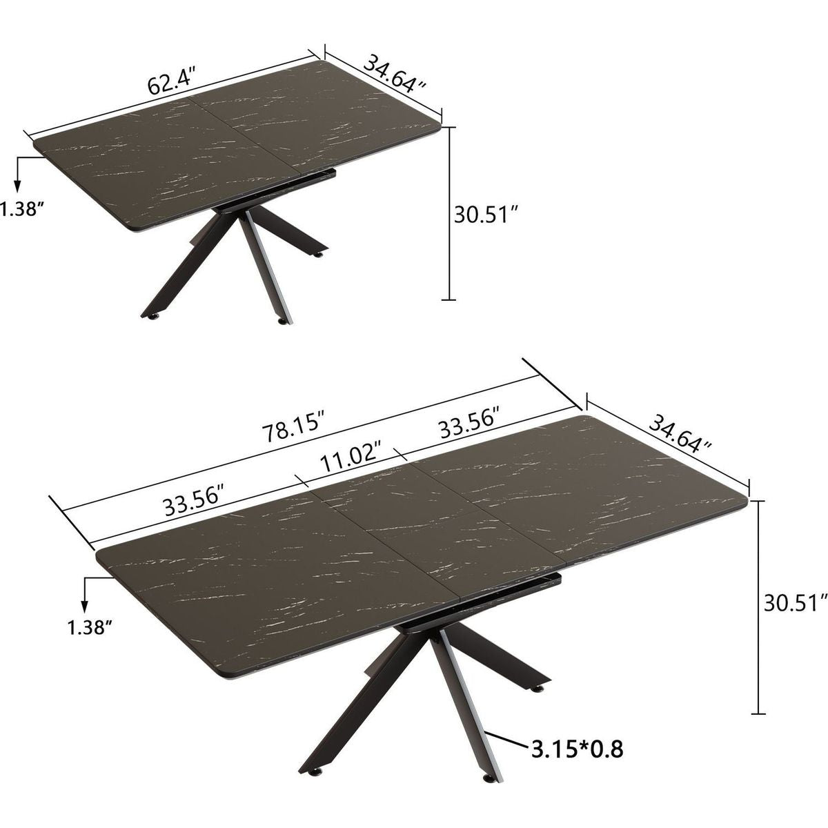62.4" Extendable 78.15"Very large Black Dining Table Modern Mid-Century Kitchen Table Set for Dining Room, party Table,Conference table,Black metal X shape Legs.