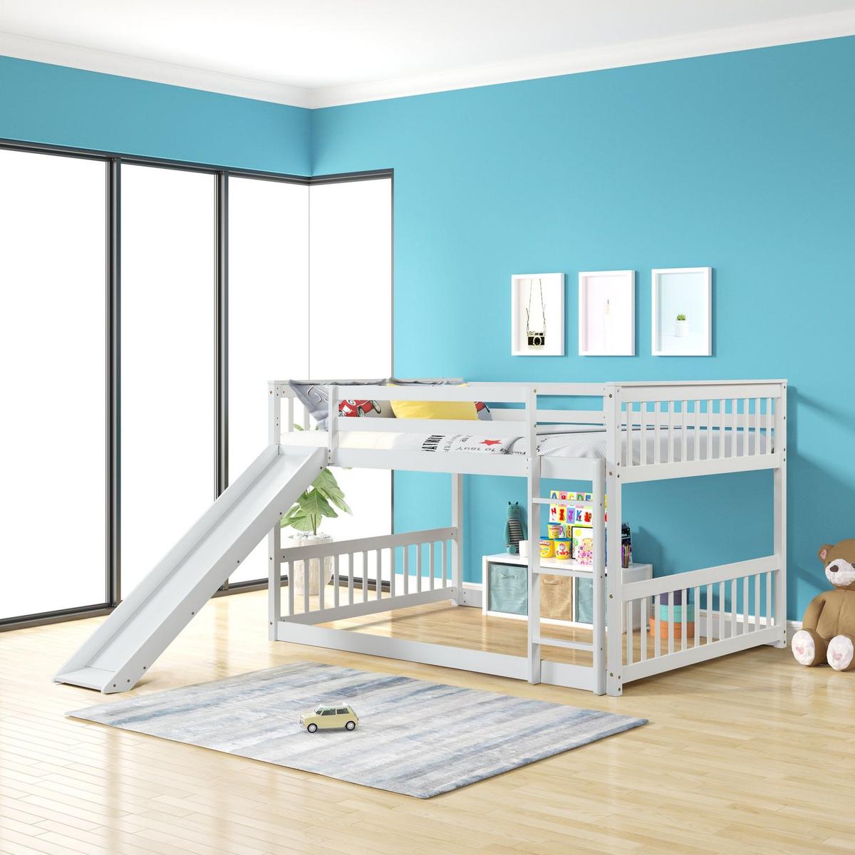 Full over Full Bunk Bed with Slide and Ladder in White Color