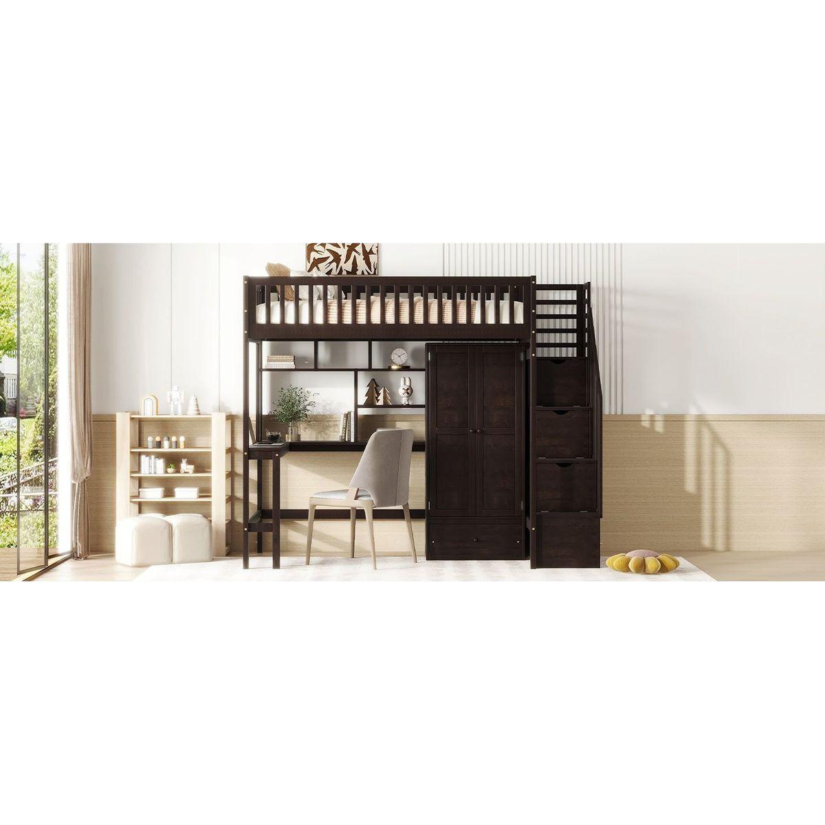 Twin size Loft Bed with Bookshelf,Drawers,Desk,and Wardrobe-Espresso