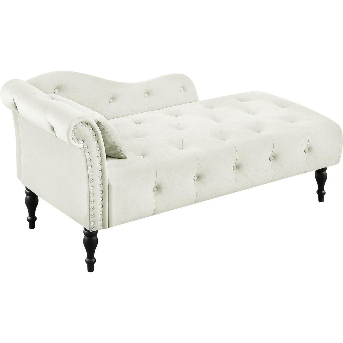 60.6" Velvet Chaise Lounge Buttons Tufted Nailhead Trimmed Solid Wood Legs with 1 Pillow,White (Left Arm Design as Shown in the Picture)