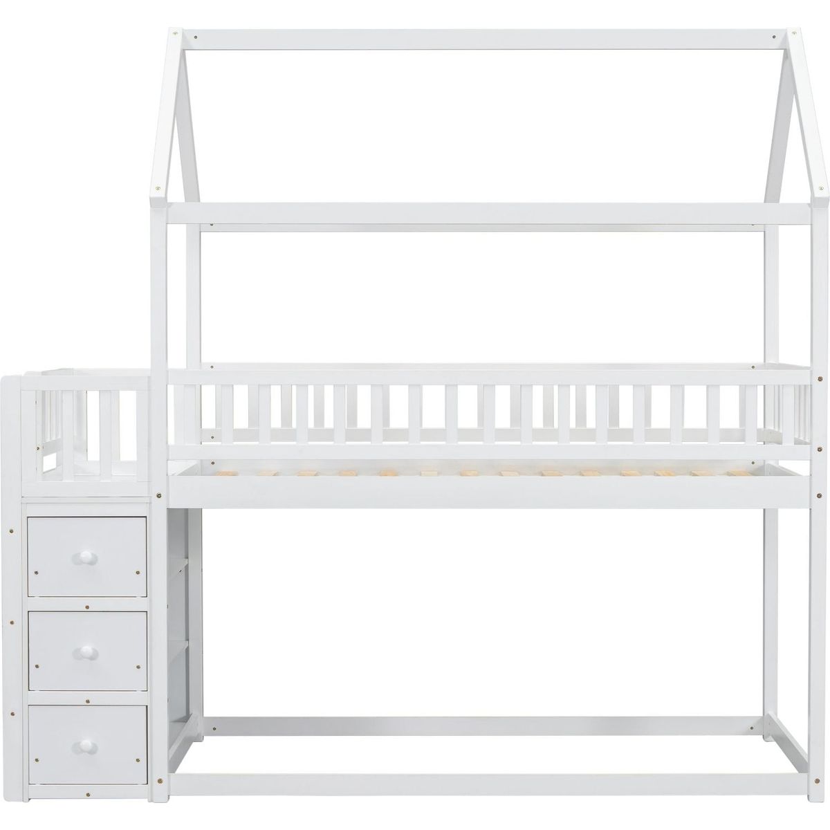 TWIN/TWIN HOUSE BUNK BED WITH SHELVES AND DRAWERS FOR WHITE COLOR