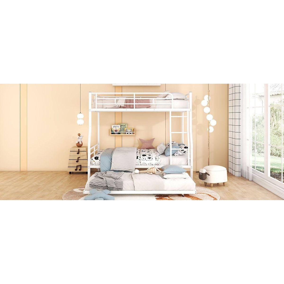 Full XL Over Queen Metal Bunk Bed with Trundle, White