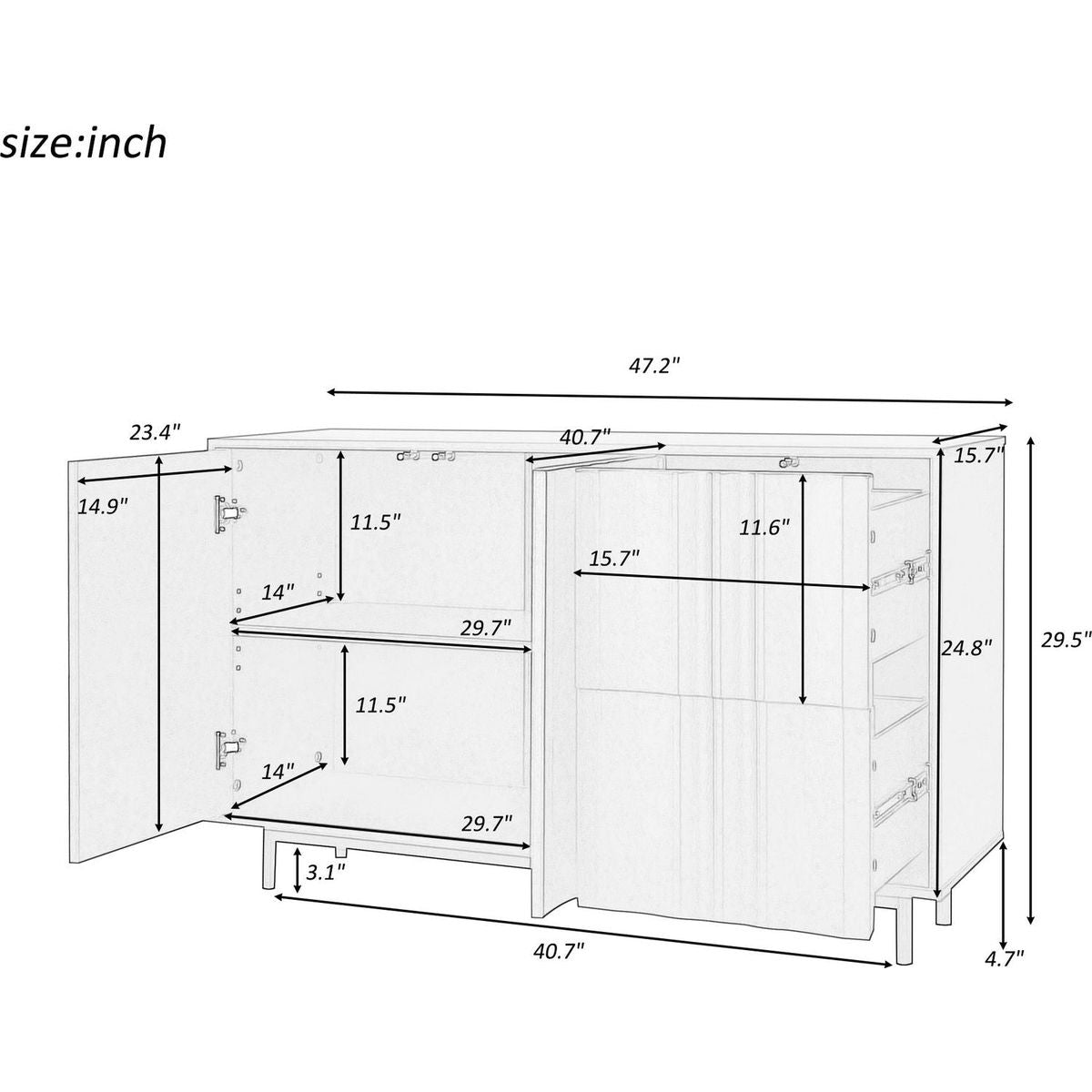Wave Pattern Storage Cabinet with 2 Doors and 2 Drawers, Adjustable, Suitable for Study,Entrance and Living Room