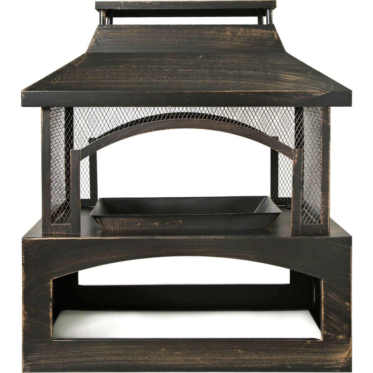 37-Inch Rectangular Metal Outdoor Wood Burning Fireplace - Outdoor Fireplace with Built-in Log Storage and Poker-Brushed Bronze,Log Burner Fire Pit for Patio Garden And Backyard