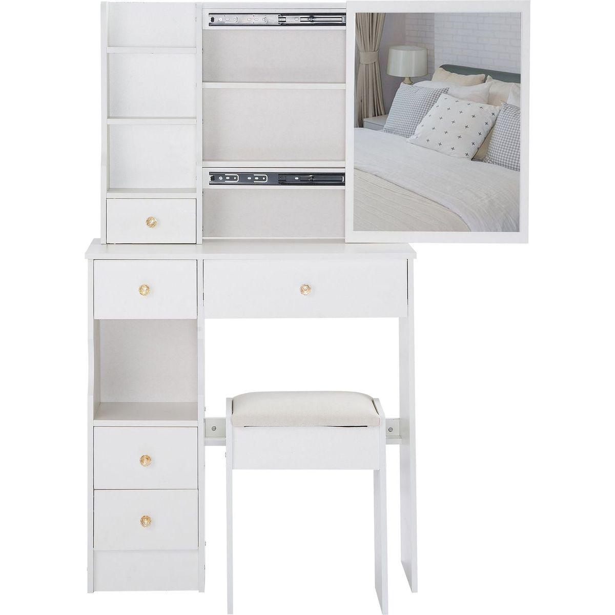 Small Size Left Drawer Desktop Vanity Table + Cushioned Stool, Extra Large Sliding Mirror, Multi Layer, High Capacity Storage Fashionable Dresser, Suitable for Small Space, EPA,GCC,UL Certificate