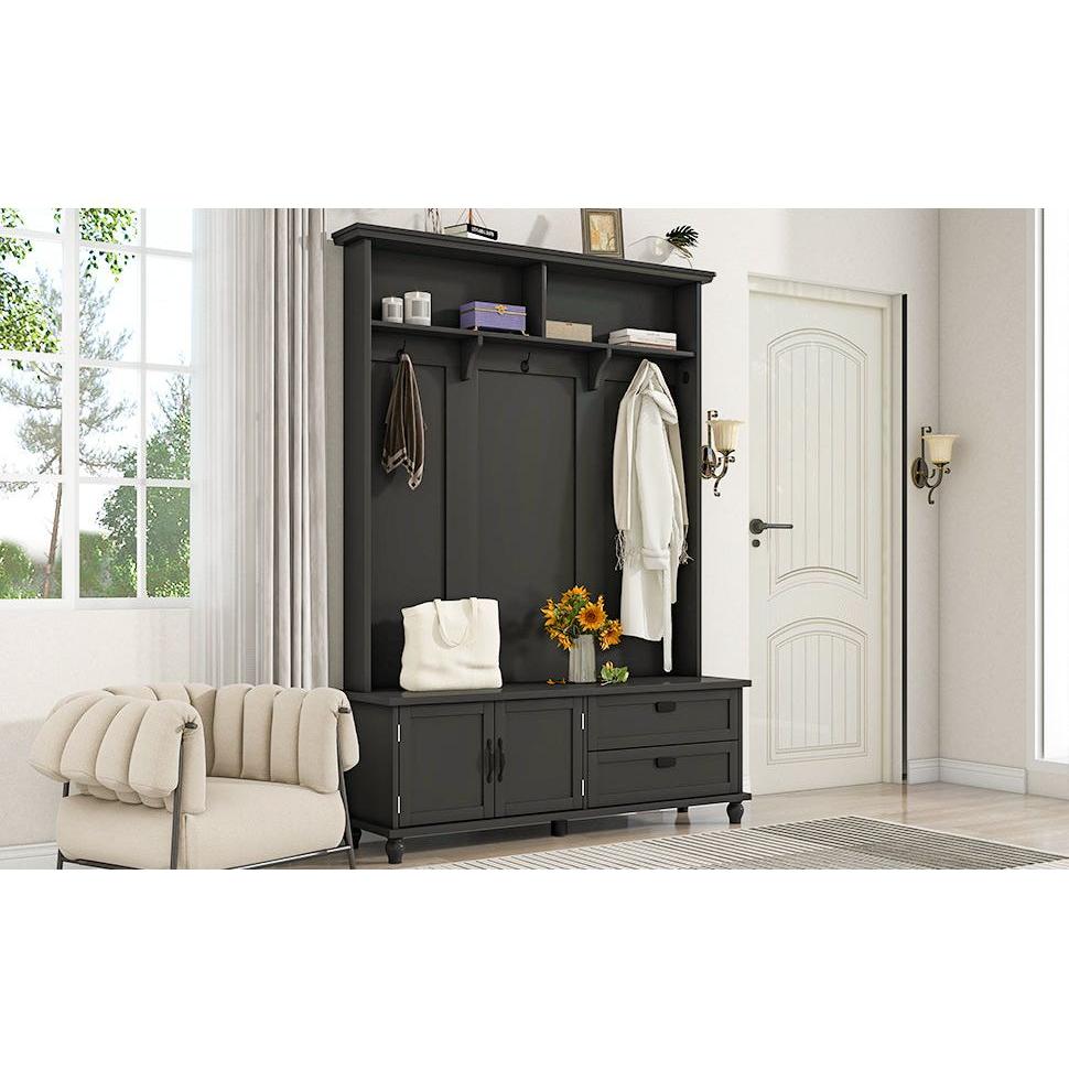 Modern Style Hall Tree with Storage Cabinet and 2 Large Drawers, Widen Mudroom Bench with 5 Coat Hooks, Black