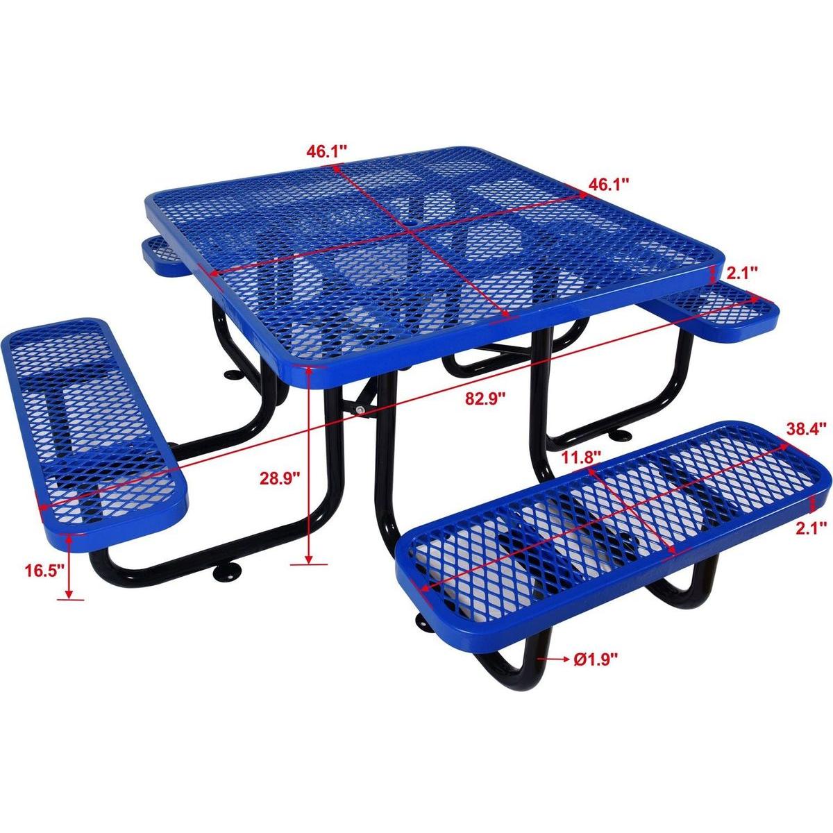 Square Outdoor Steel Picnic Table 46" blue, with umbrella pole