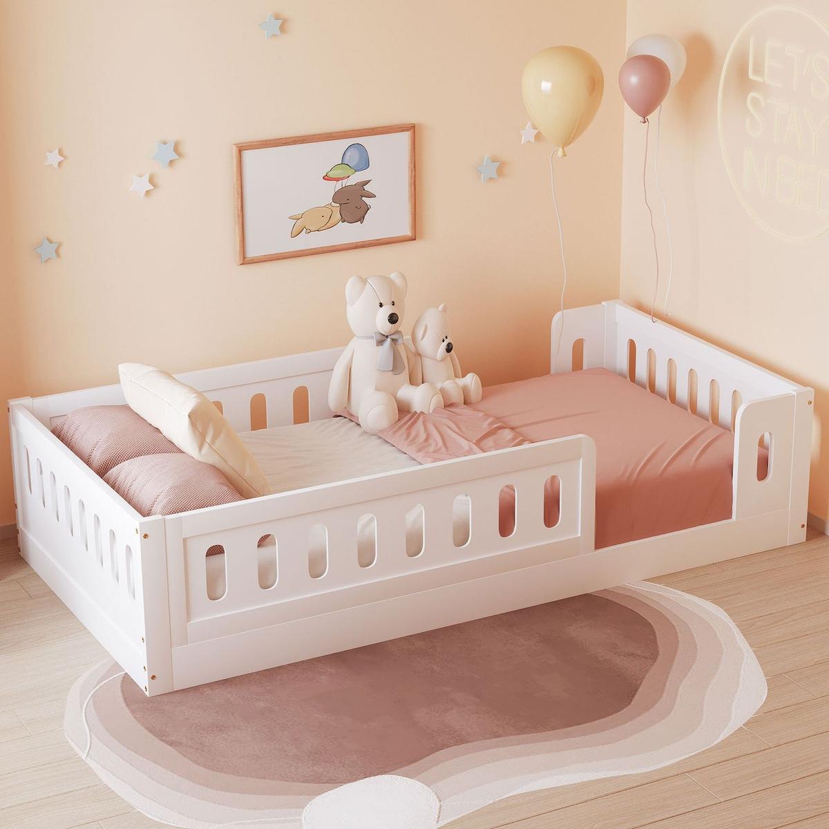 Wood Twin Size Platform Bed with Guardrail, White(Expected Arrival Time: 10.28) - Streamdale Furniture