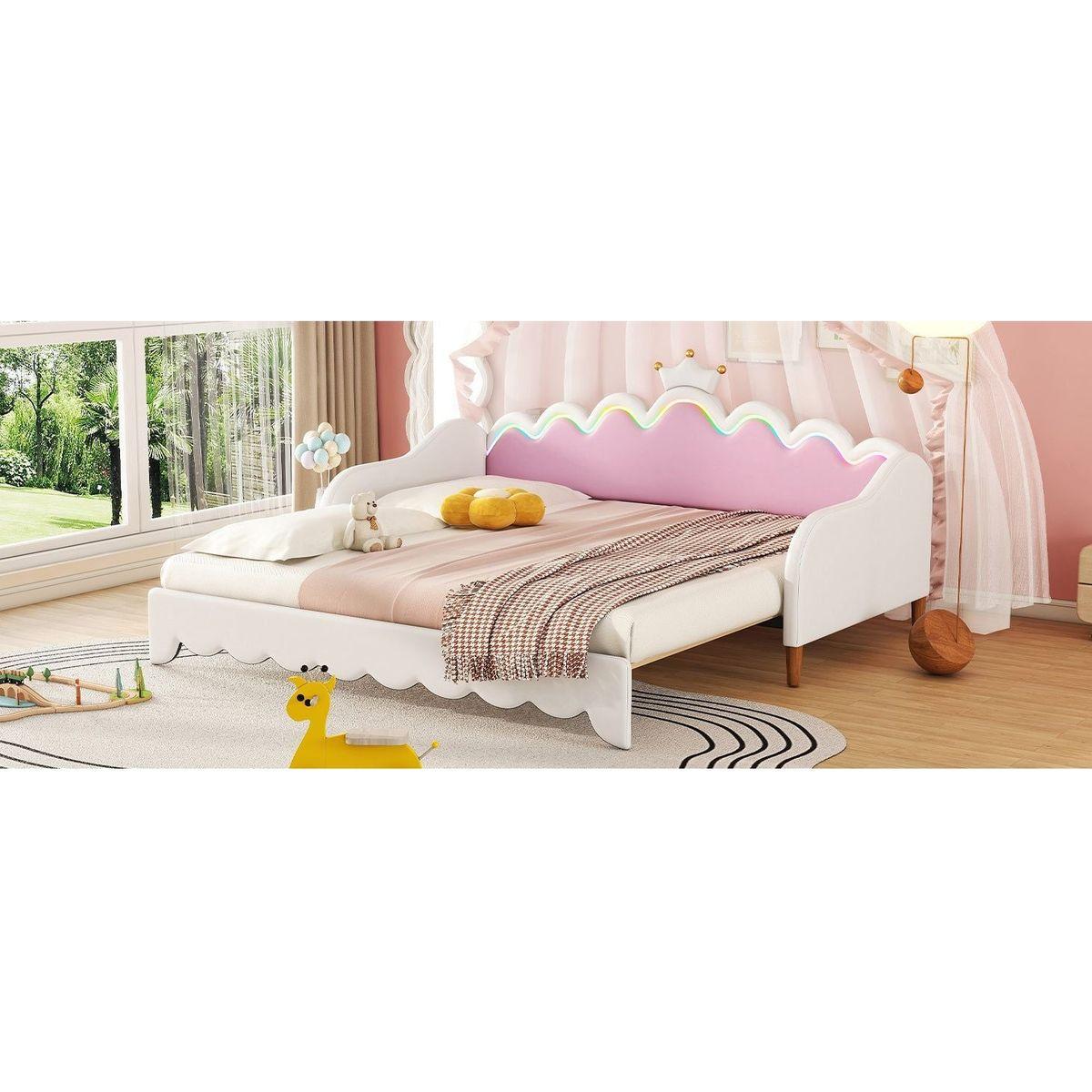 Twin Extending Daybed with LED Lights, Modern Upholstered Princess Daybed With Crown Headboard,White - Streamdale Furniture