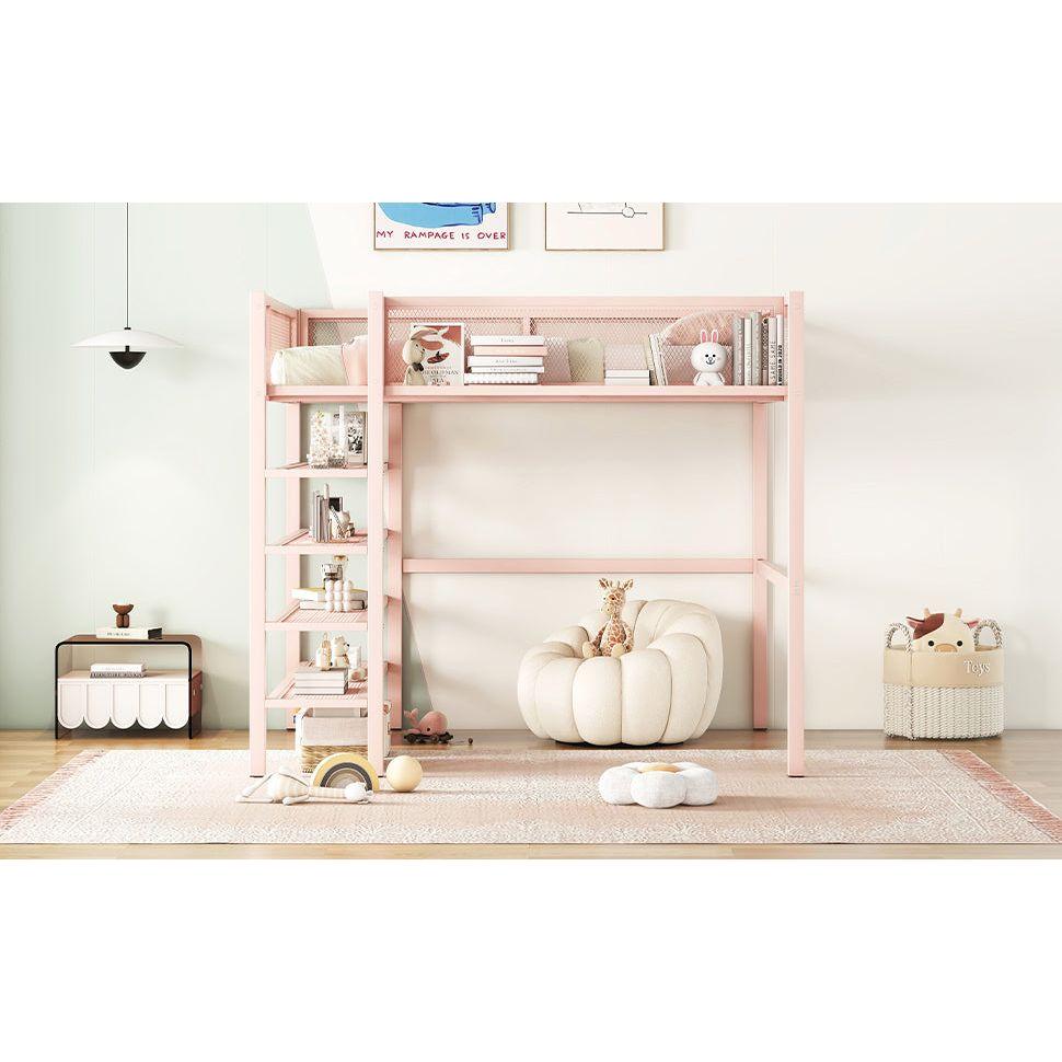 Full Size Metal Loft Bed with 4-Tier Shelves and Storage, Pink