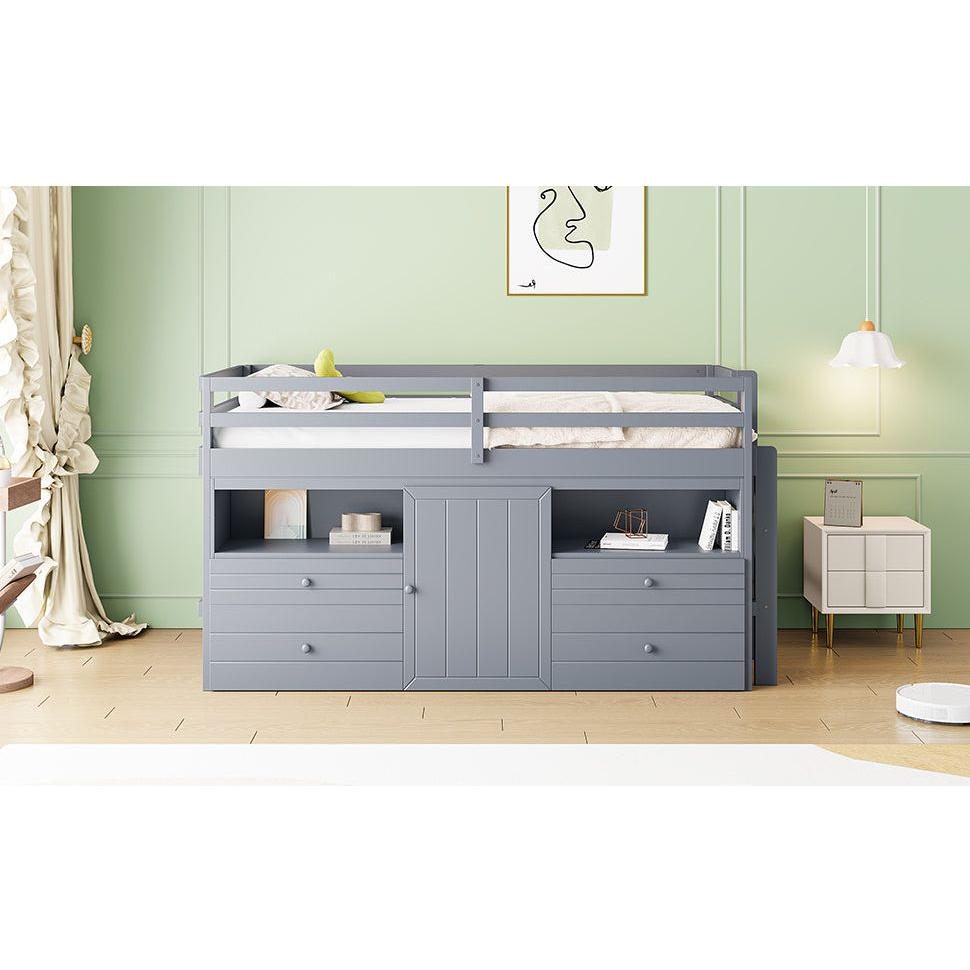 Twin Size Loft Bed with 4 Drawers, Underneath Cabinet and Shelves, Gray