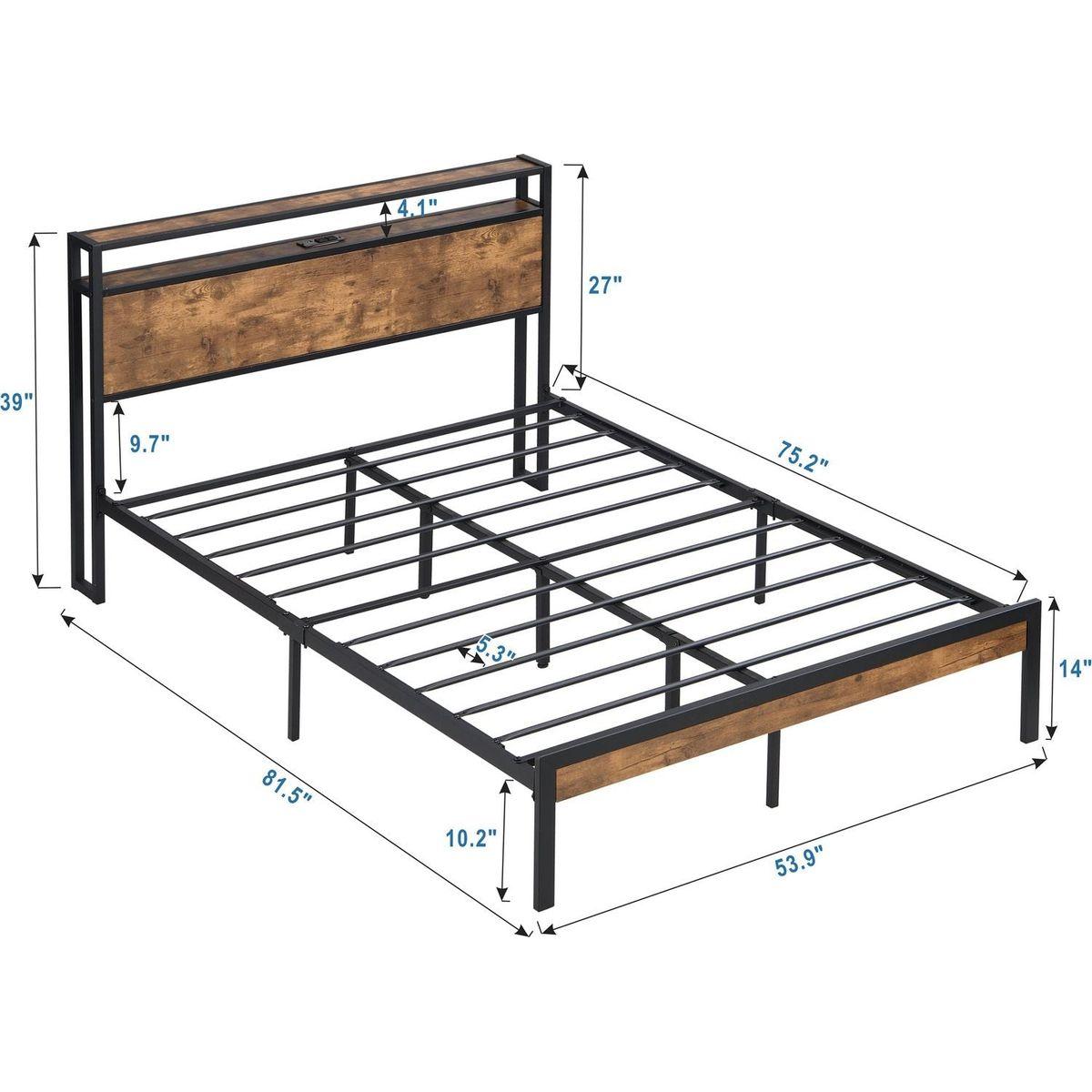 Full Size Metal Platform Bed Frame with Wooden Headboard and Footboard with USB LINER, LED Lights, No Box Spring Needed, Large Under Bed Storage, Easy Assemble