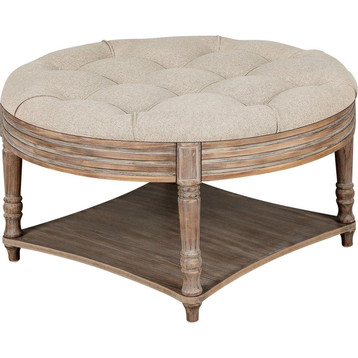 Large Round Ottoman Coffee Table 2 Tier Oversized Button Tufted Ottoman with Wooden Shelf Storage Farmhouse Upholstered Coffee Table Living Room Footstool Ottoman Linen