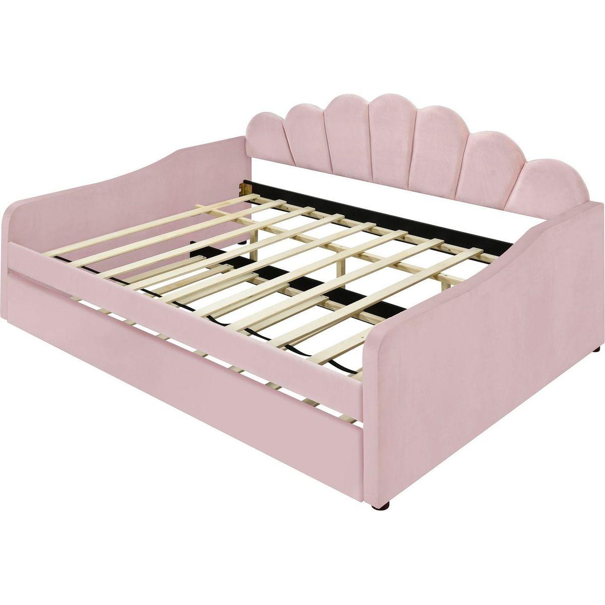 Full Size Upholstery Daybed Frame with Shall Shaped Backrest and Trundle,Pink
