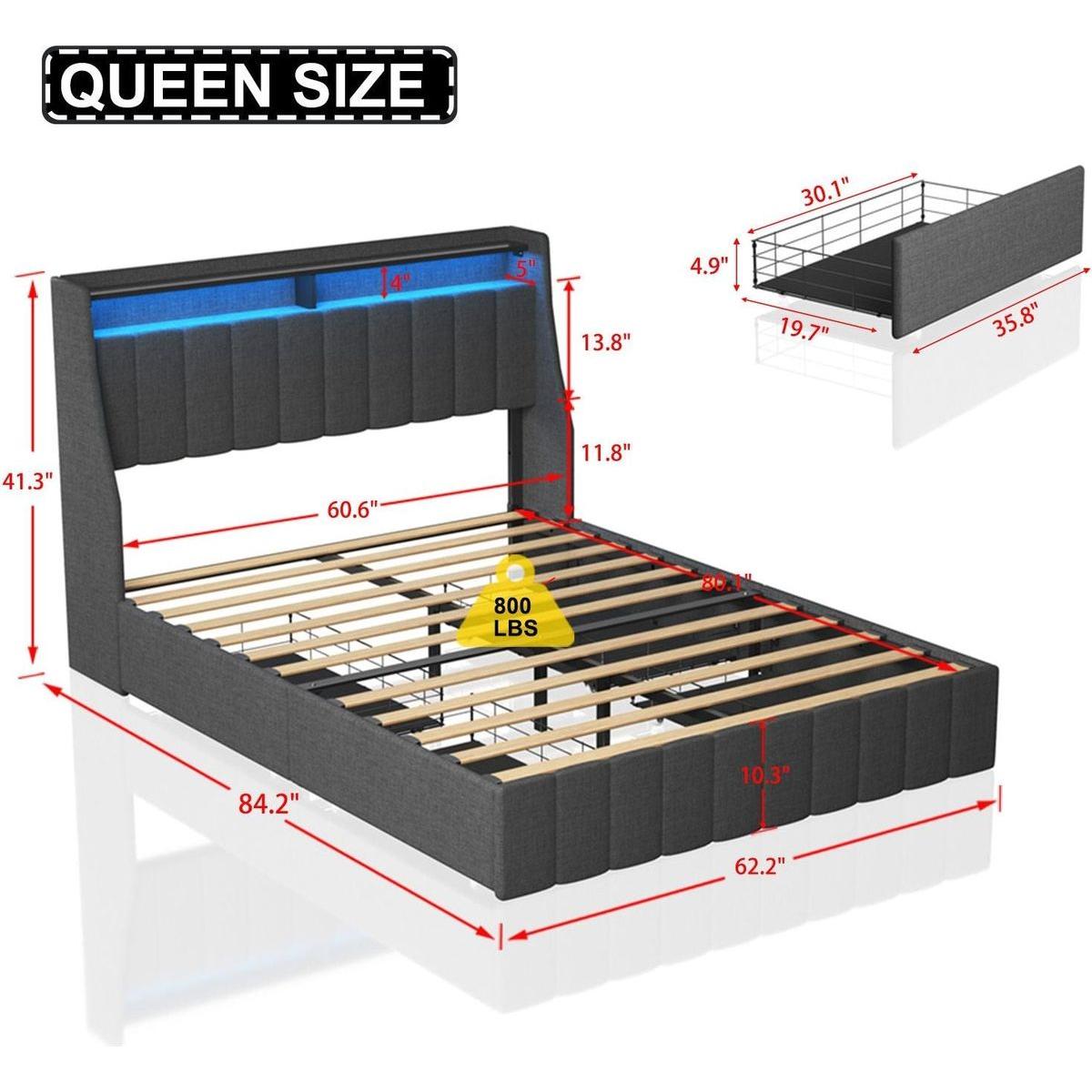 Queen Size Bed Frame with LED, 4 Under-bed Portable Storage Drawers, Wings Headboard Design, Dark Grey