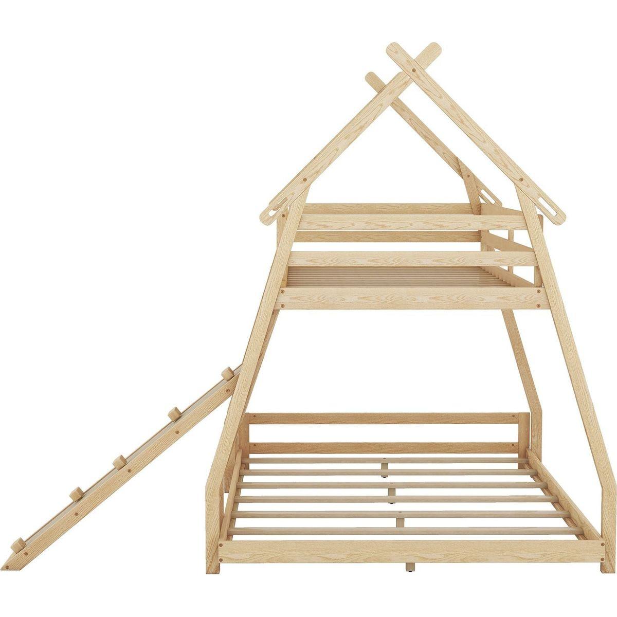 Twin over Queen House Bunk Bed with Climbing Nets and Climbing Ramp, Natural