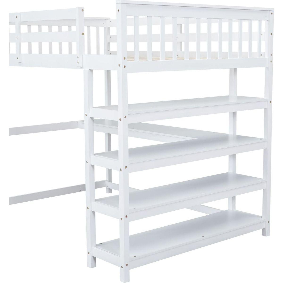 Full Size Loft Bed with Storage Shelves and Under-bed Desk, White