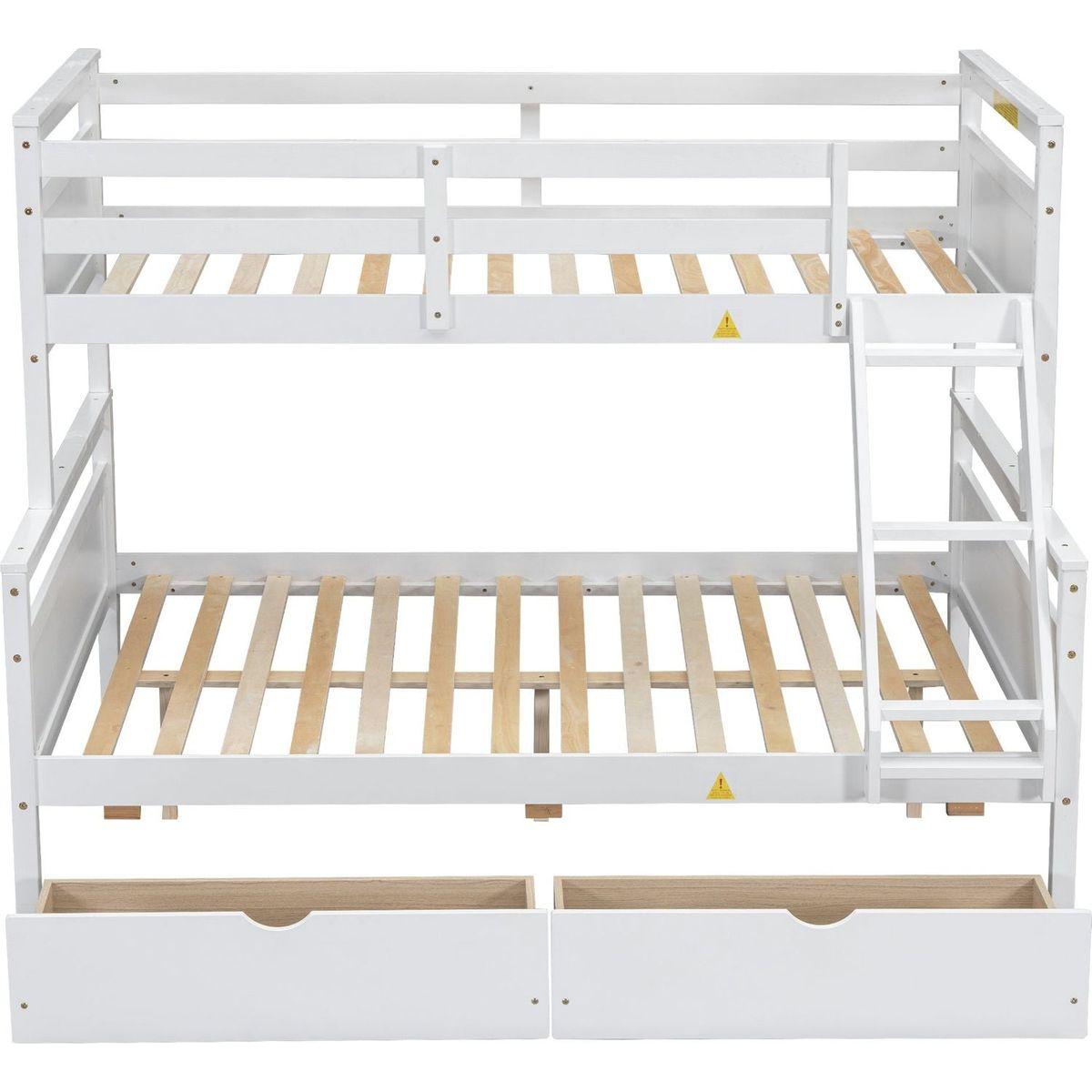 Twin over Full Bunk Bed with Ladder, Two Storage Drawers, Safety Guardrail, White