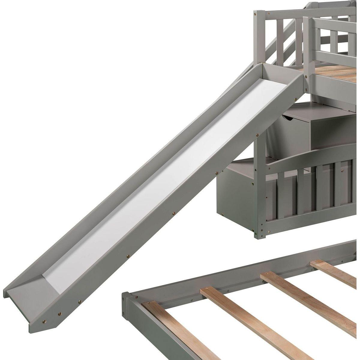 Stairway Twin over Twin Bunk Bed with Two Drawers and Slide, Gray