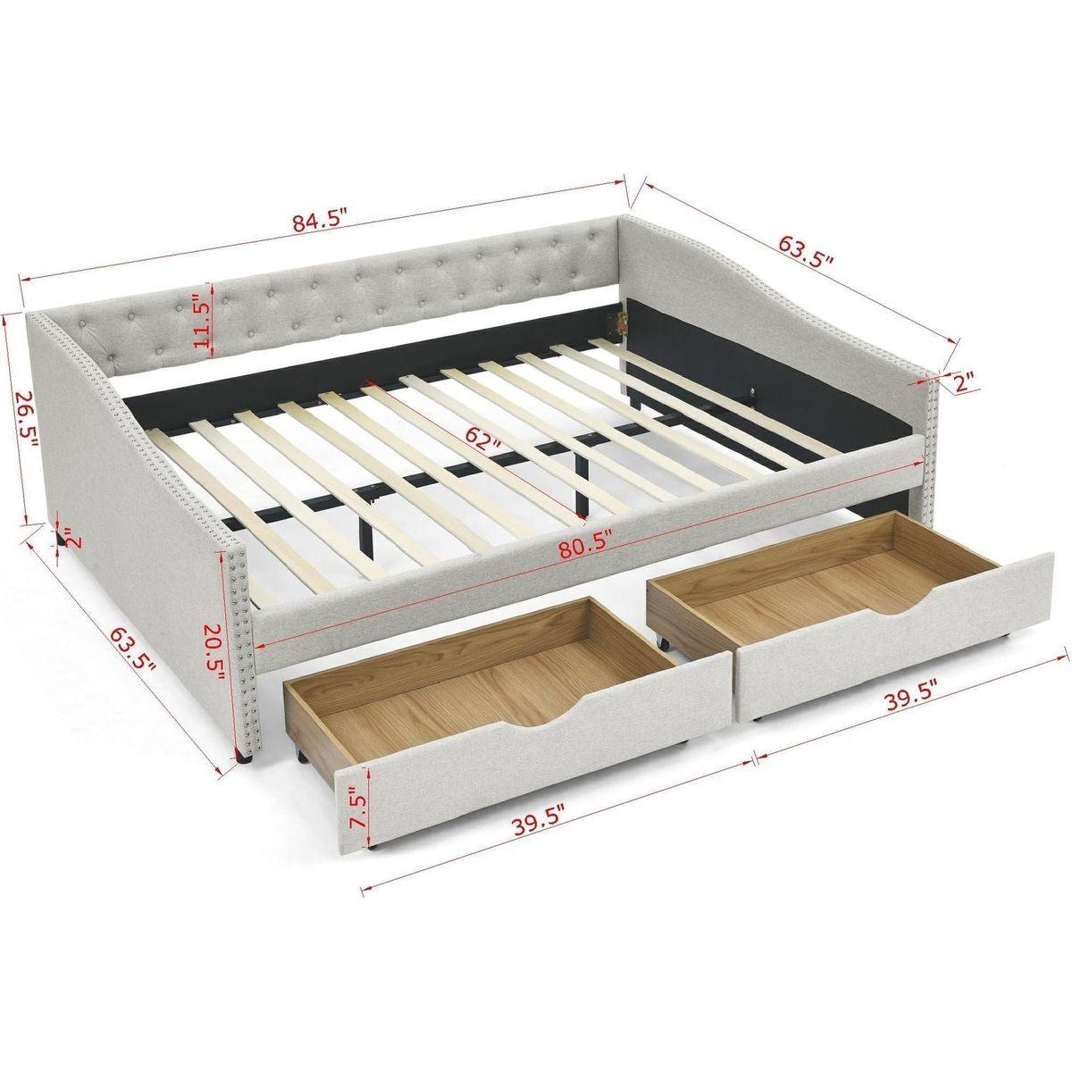 Queen Size Daybed with Drawers Upholstered Tufted Sofa Bed,,with Button on Back and Copper Nail on Waved Shape Arms, Beige (84.5"x63.5"x26.5")