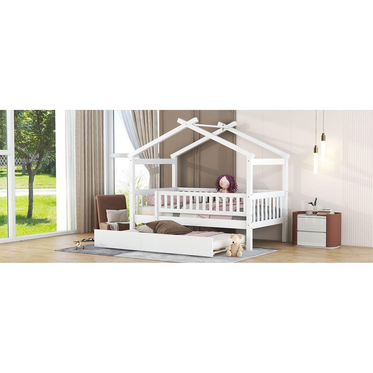 Twin Size Wooden House Bed with Twin Size Trundle, White