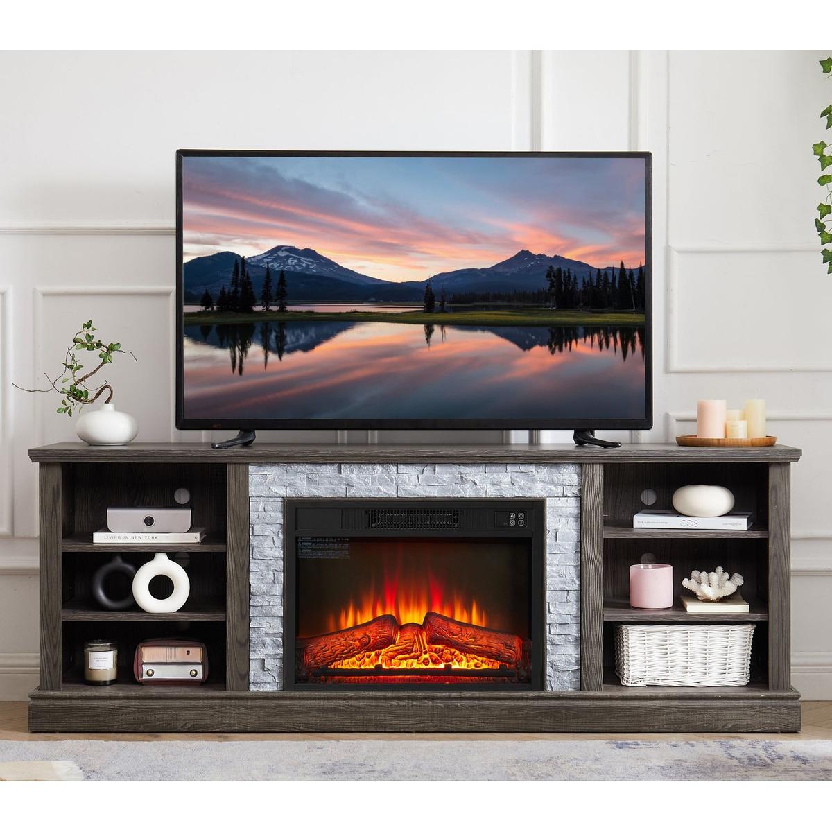 Large TV Desk Storage Rack with Faux Stacked Stone Surround,Media Console Table with Large Storage Cabinet,Modern TV Stand with 23" Fireplace Insert,GREY, 70.12"Wx15.35"Dx25.83"H