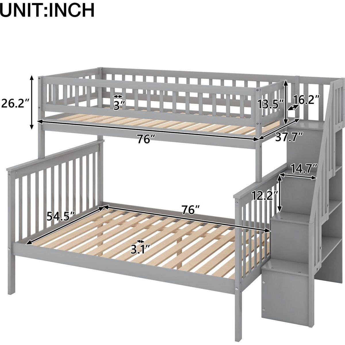 Twin over Full Stairway Bunk Bed with Storage, Gray