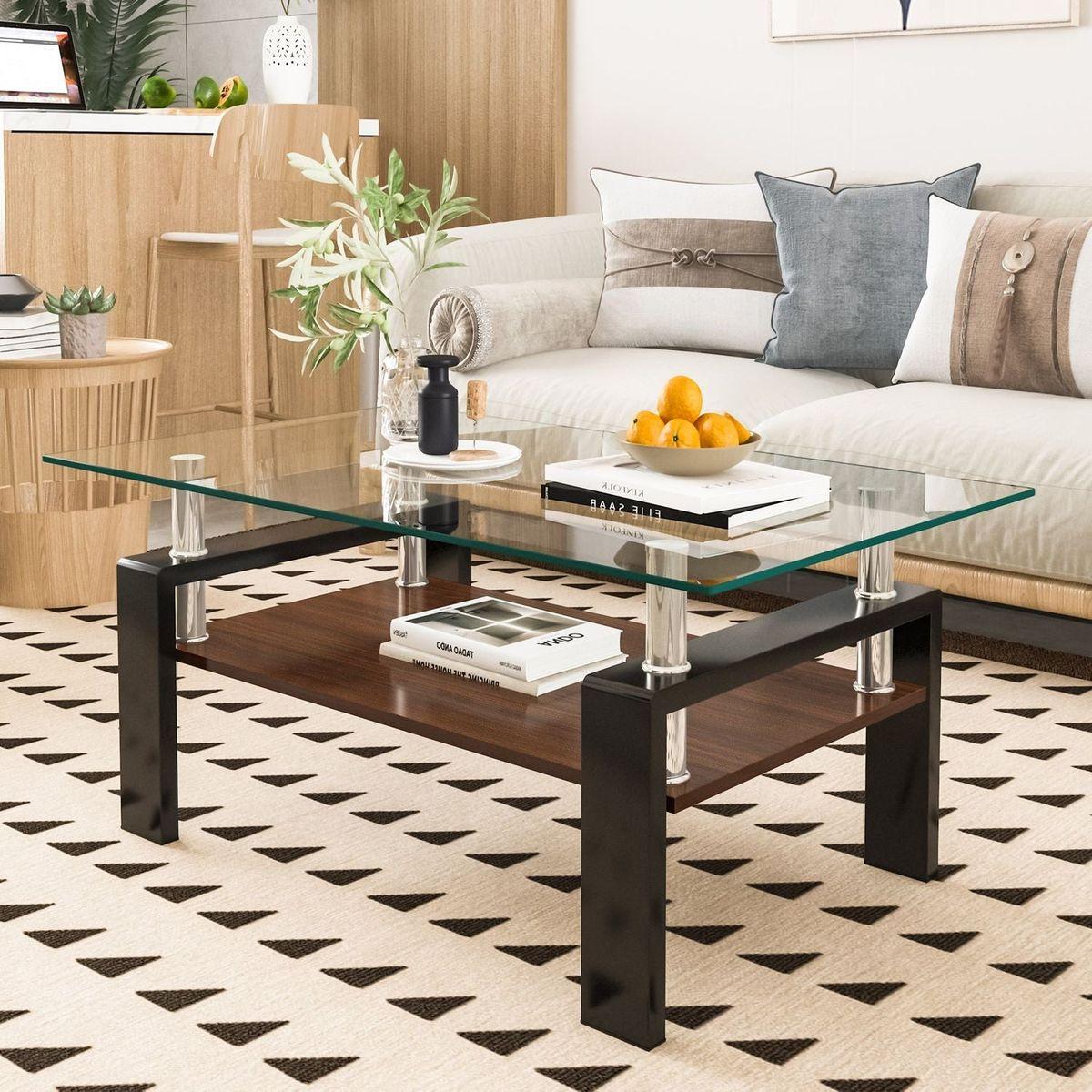 Rectangle Coffee Table, Tempered Glass Tabletop with MDF Layer, Modern Table for Living Room, Transparent Glass