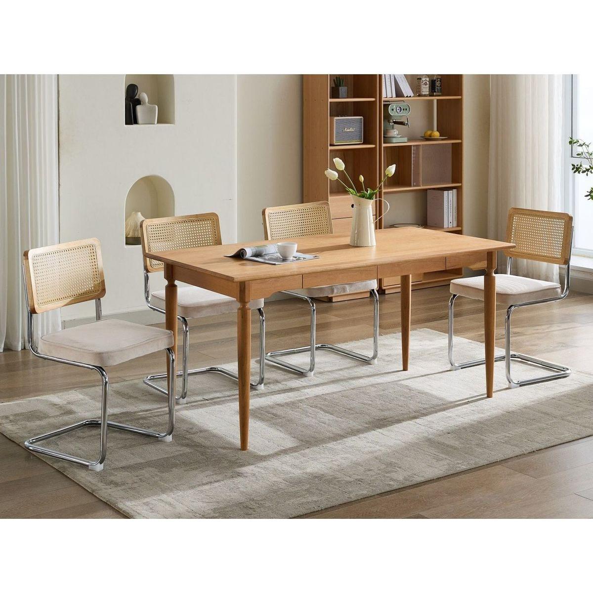 Mid Century Modern Dining Chairs Set of 2, Velvet Accent Chairs with Natural Cane Back & Stainless Chrome Base, Famous Breuer Designed Chairs, Upholstered Rattan Kitchen Chairs,Beige