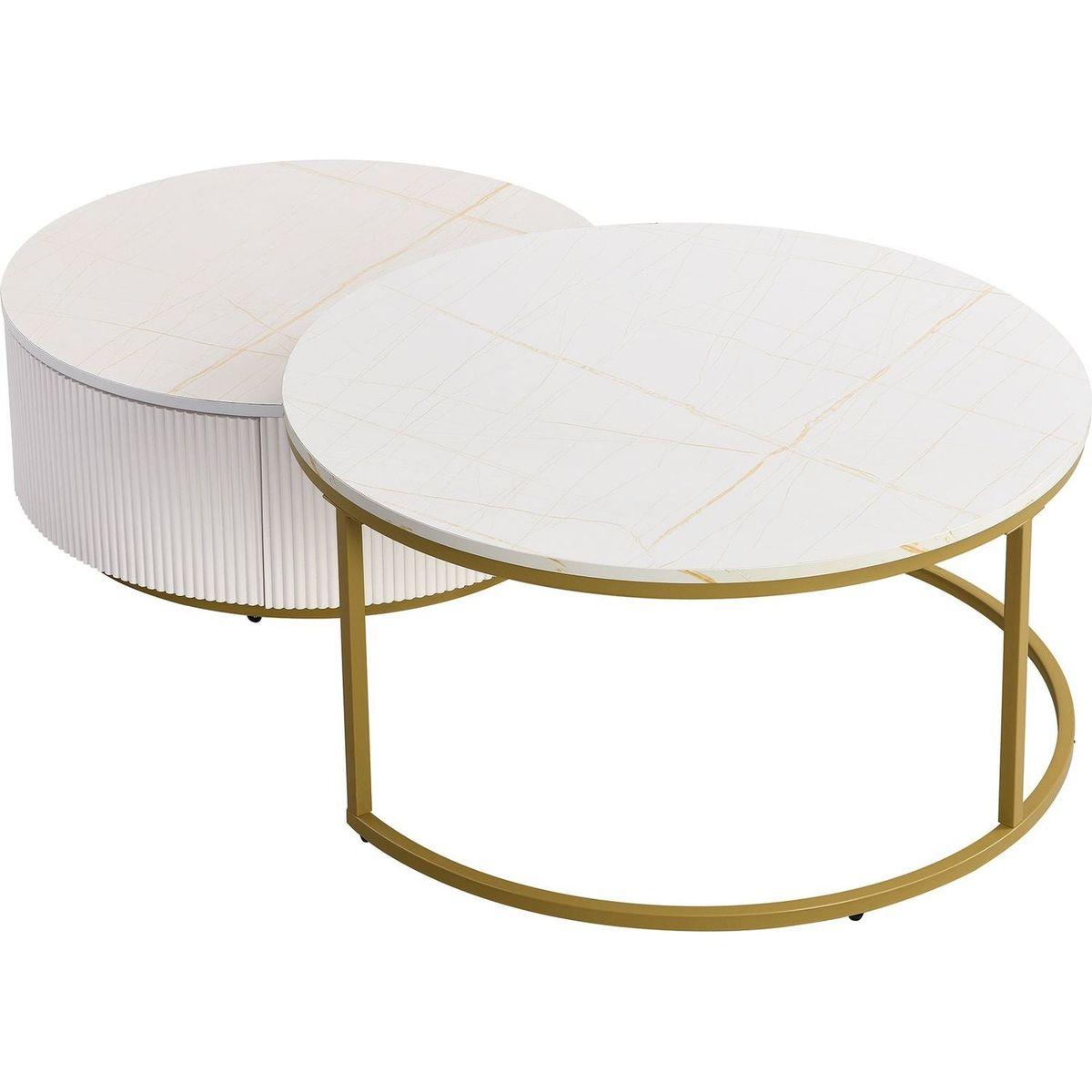 Modern Round Nesting Coffee Table Fluted with Drawer in White & Gold in 31.5"