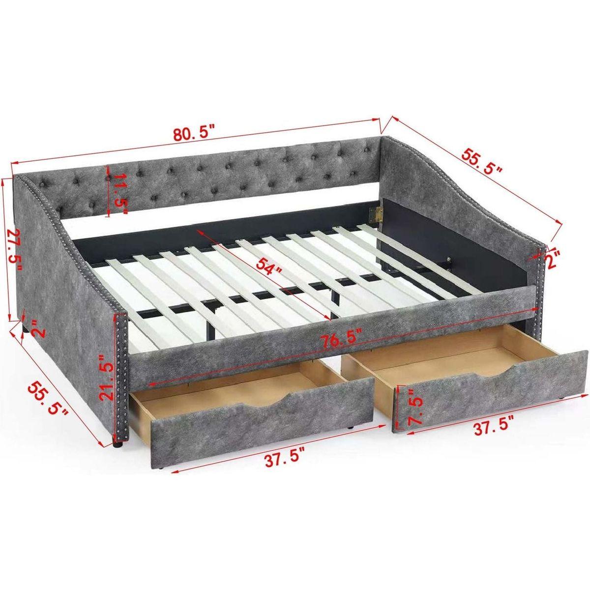 Full Size Daybed with Drawers Upholstered Tufted Sofa Bed, with Button on Back and Copper Nail on Waved Shape Arms(80.5"x55.5"x27.5")